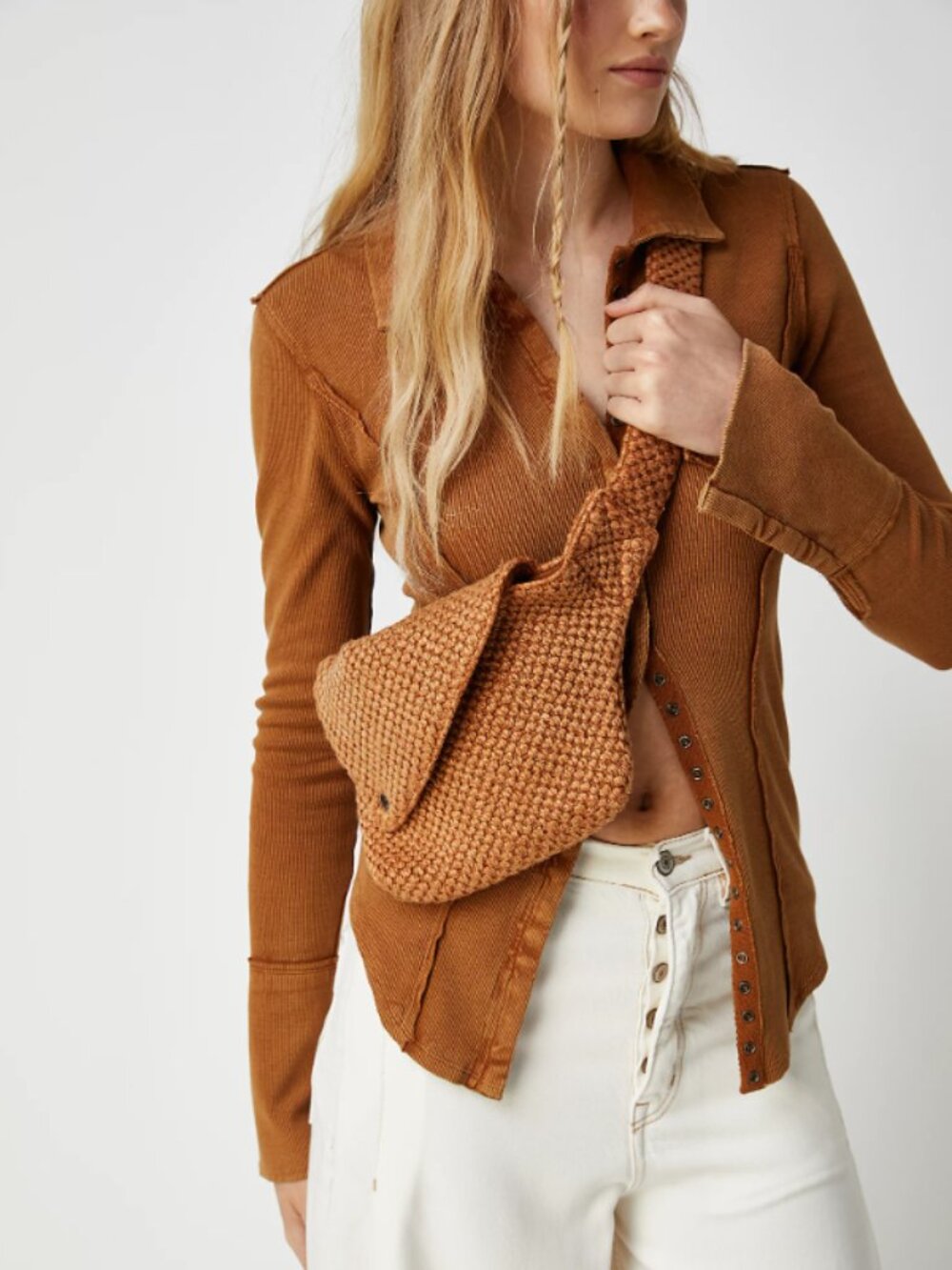 Free People Kinsley Knit Sling Bag Brown Boho Woven Shoulder Bag